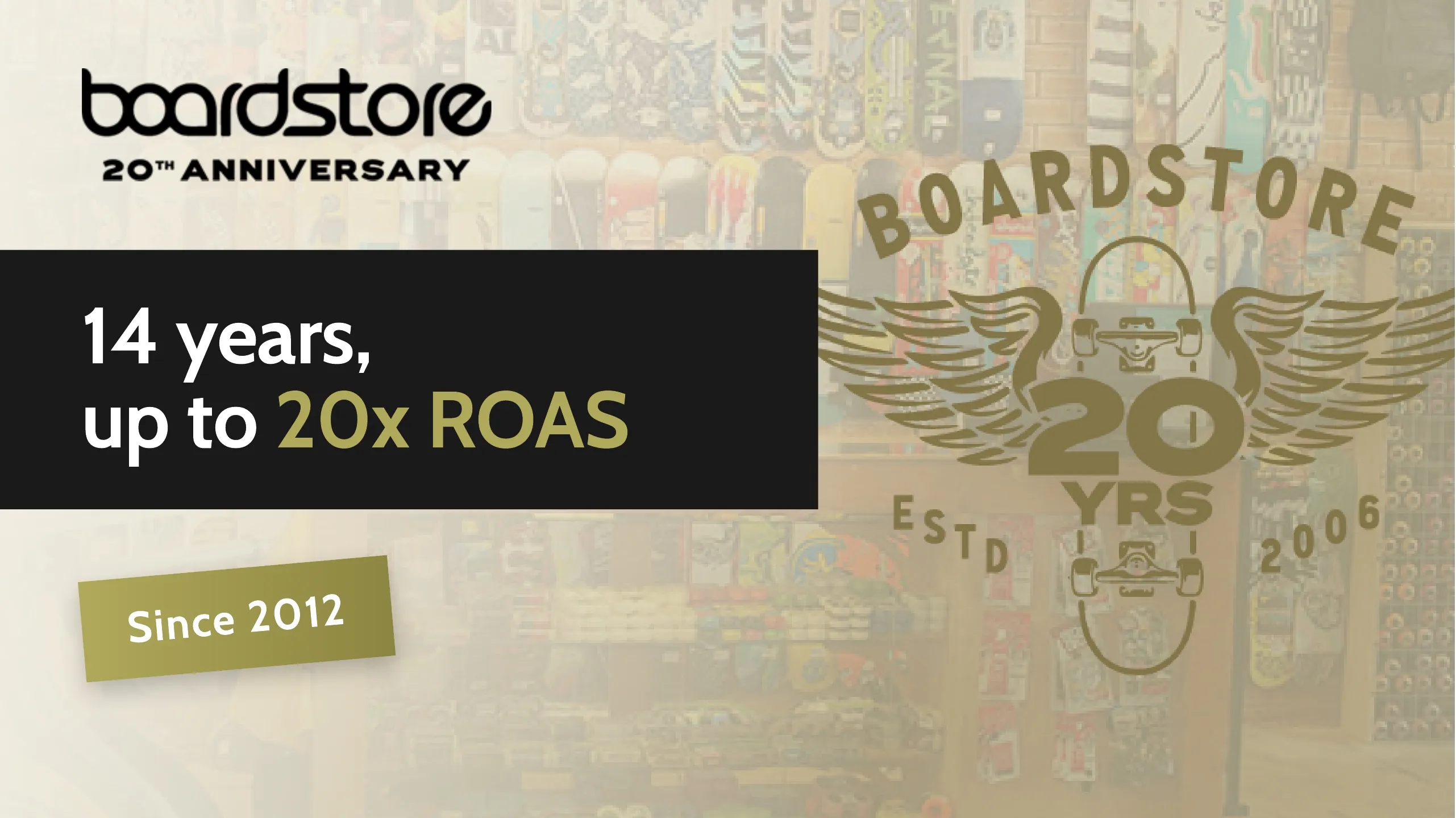 Boardstore case study. 14 years as a client, up to 20x ROAS on ad campaigns by 2026.